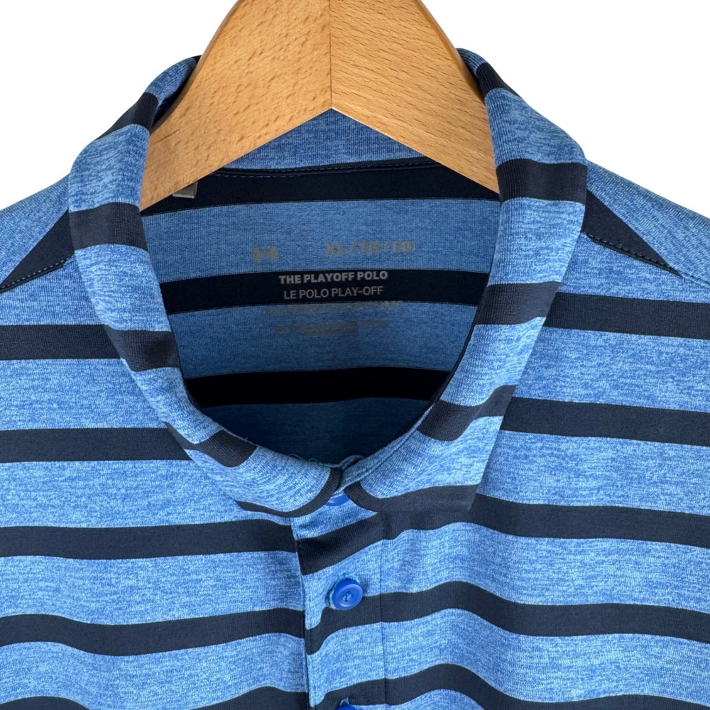 Under Armour Mens XL The Playoff Polo Golf Shirt Blue Black Stripe Short‎ Sleeve
